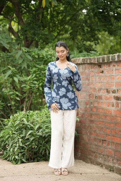 Blue Floral Print Bell Sleeve Kurti