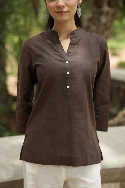 Dark Brown Linen Short Kurta