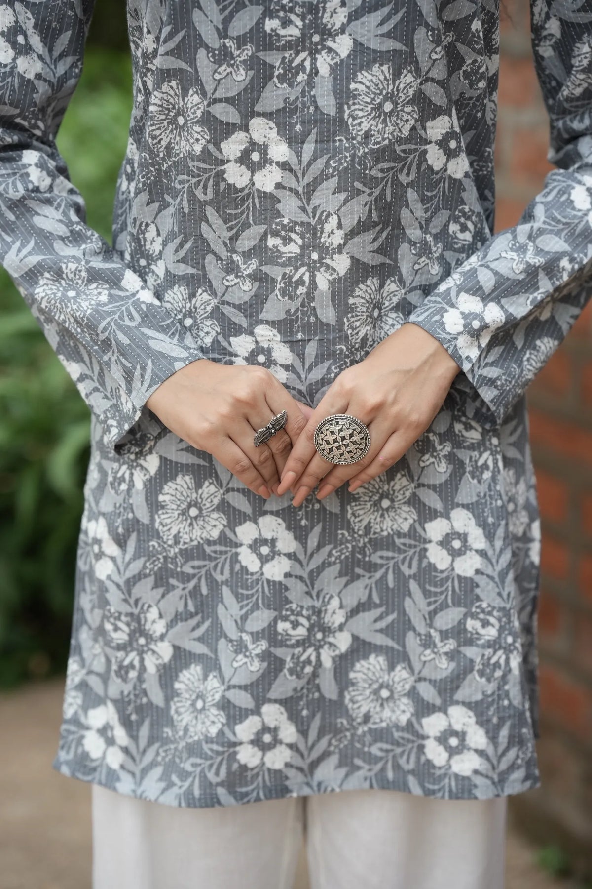 Grey White Floral Print Kurti