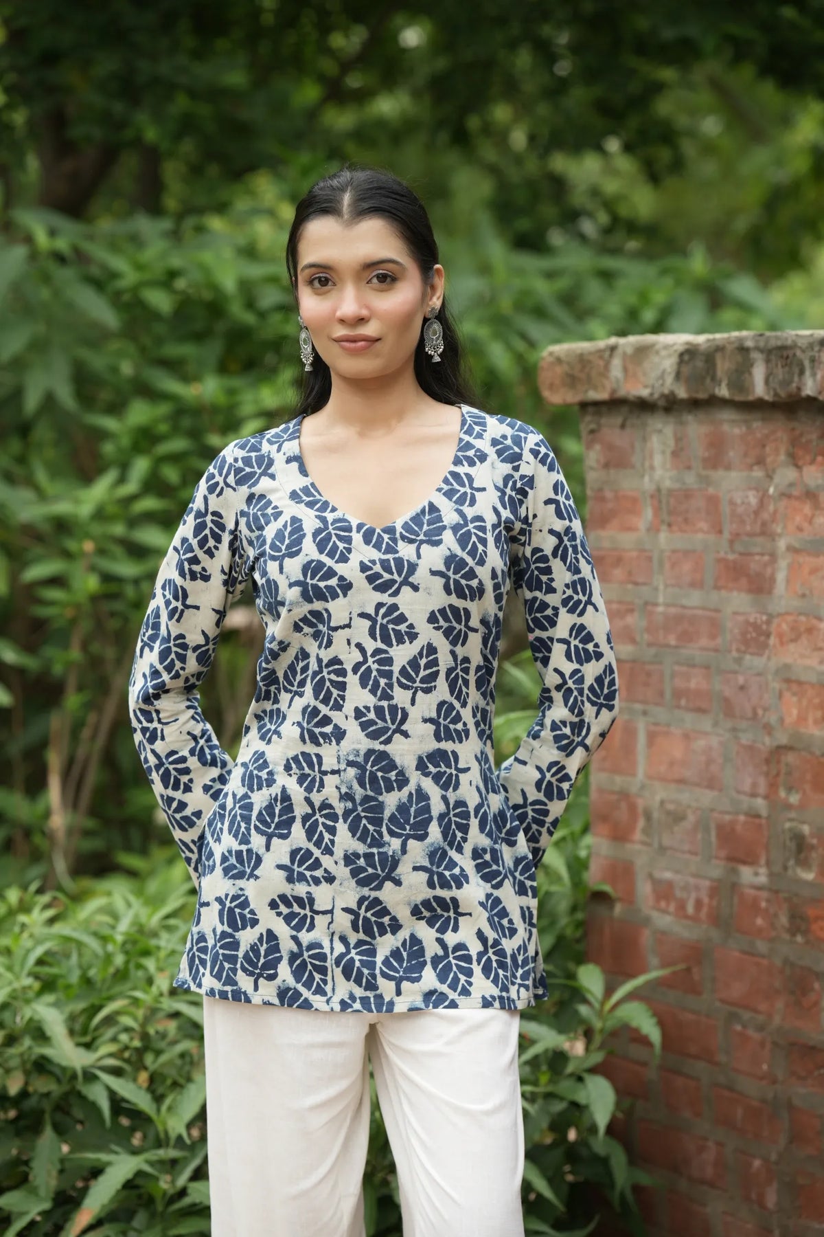 Ivory Navy Leaf Print Kurti