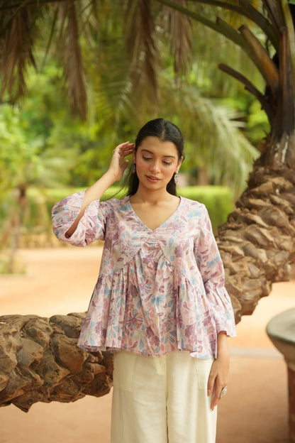 Lilac Floral Print Peplum Top