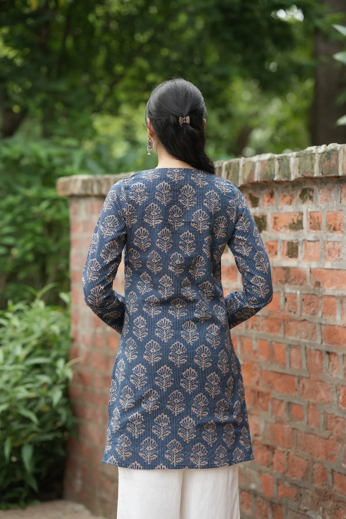 Navy Blue Buta Print Full Sleeve Kurti