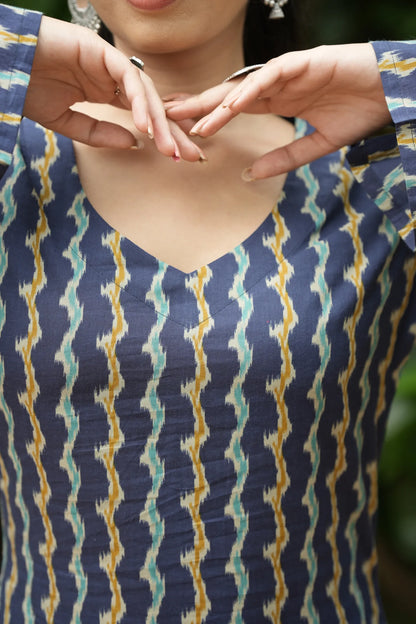 Navy Blue Wave Ikat Print Kurti