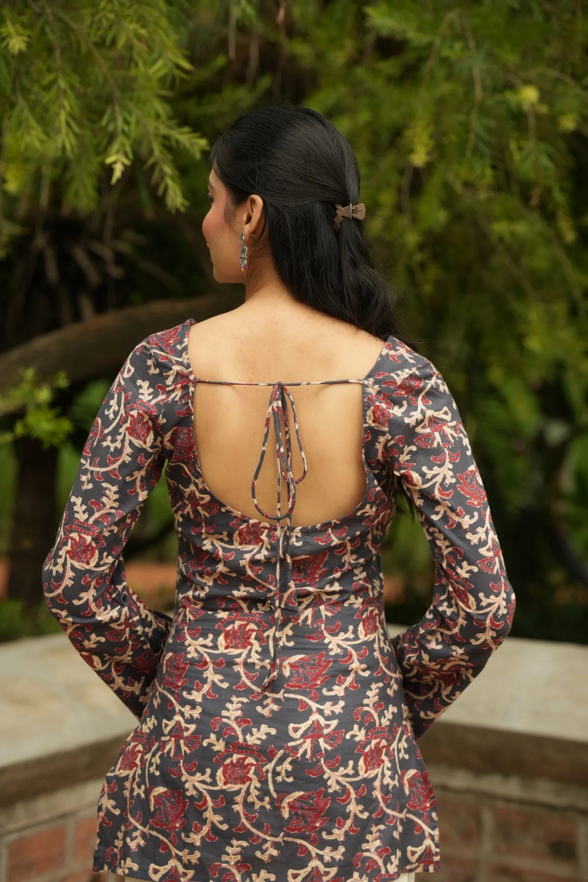 Navy Maroon Kalamkari Print Bell Sleeve Kurti