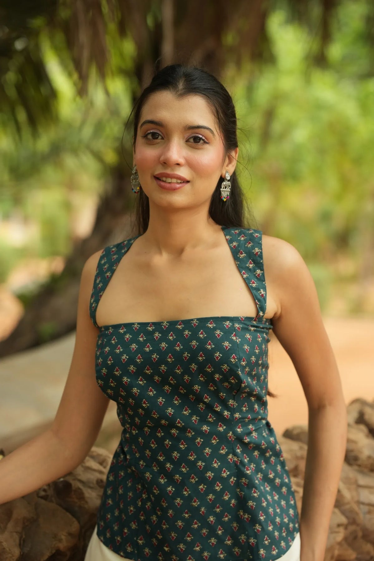 Teal Green Buta Print Corset Top
