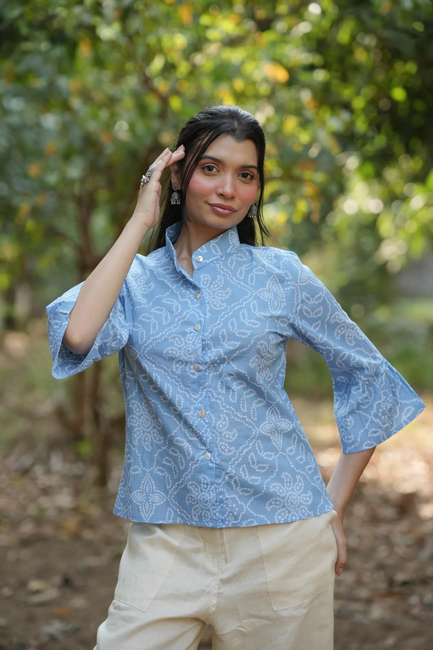 Sky Blue Bandhani Cotton Shirt