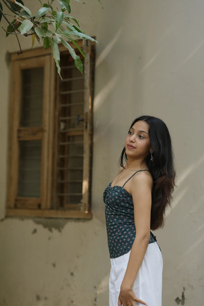 Deep Teal Buta Sweetheart Corset Top