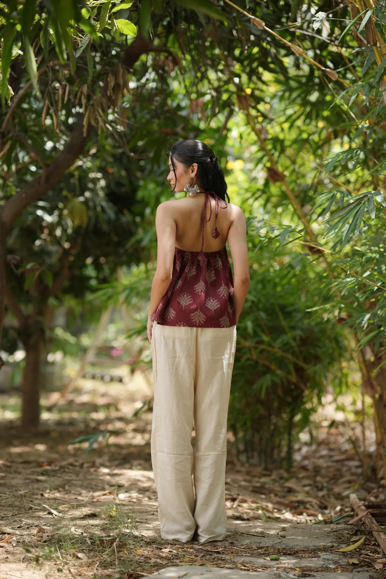 Wine Red Motif Halter Neck Top