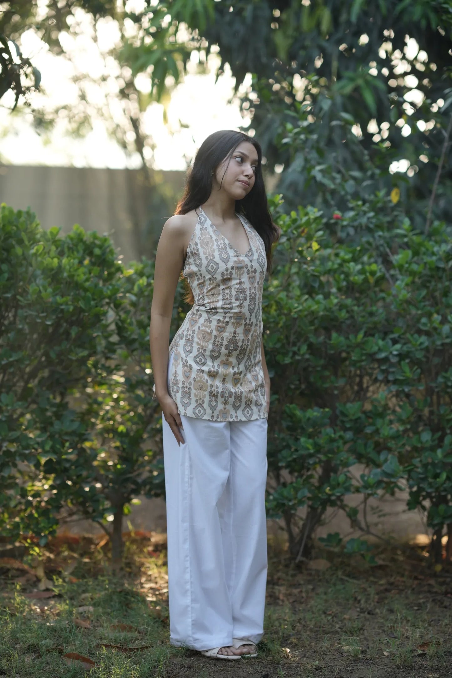 Ivory Beige Ikat Halter Neck Corset Kurti