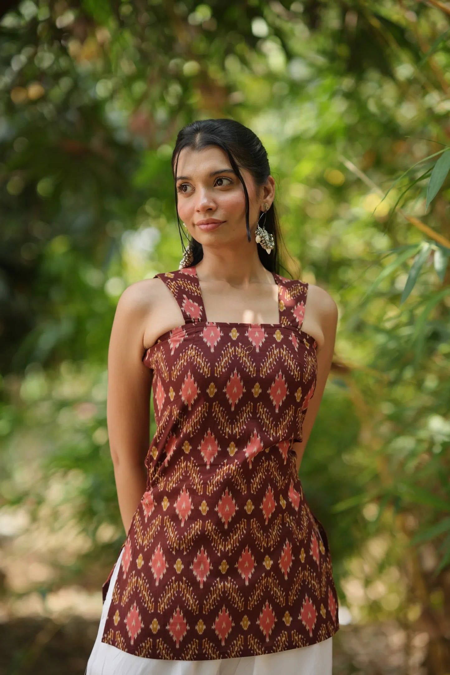 Rust Red Ikat Sleeveless Corset Kurti