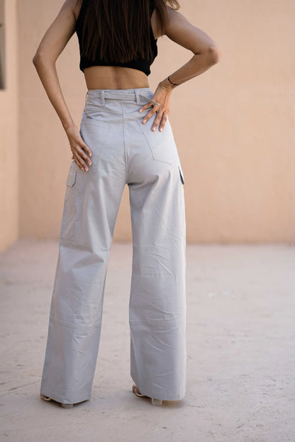 Women’s Wide-Leg Cargo Pants with Back Belt Ice Blue