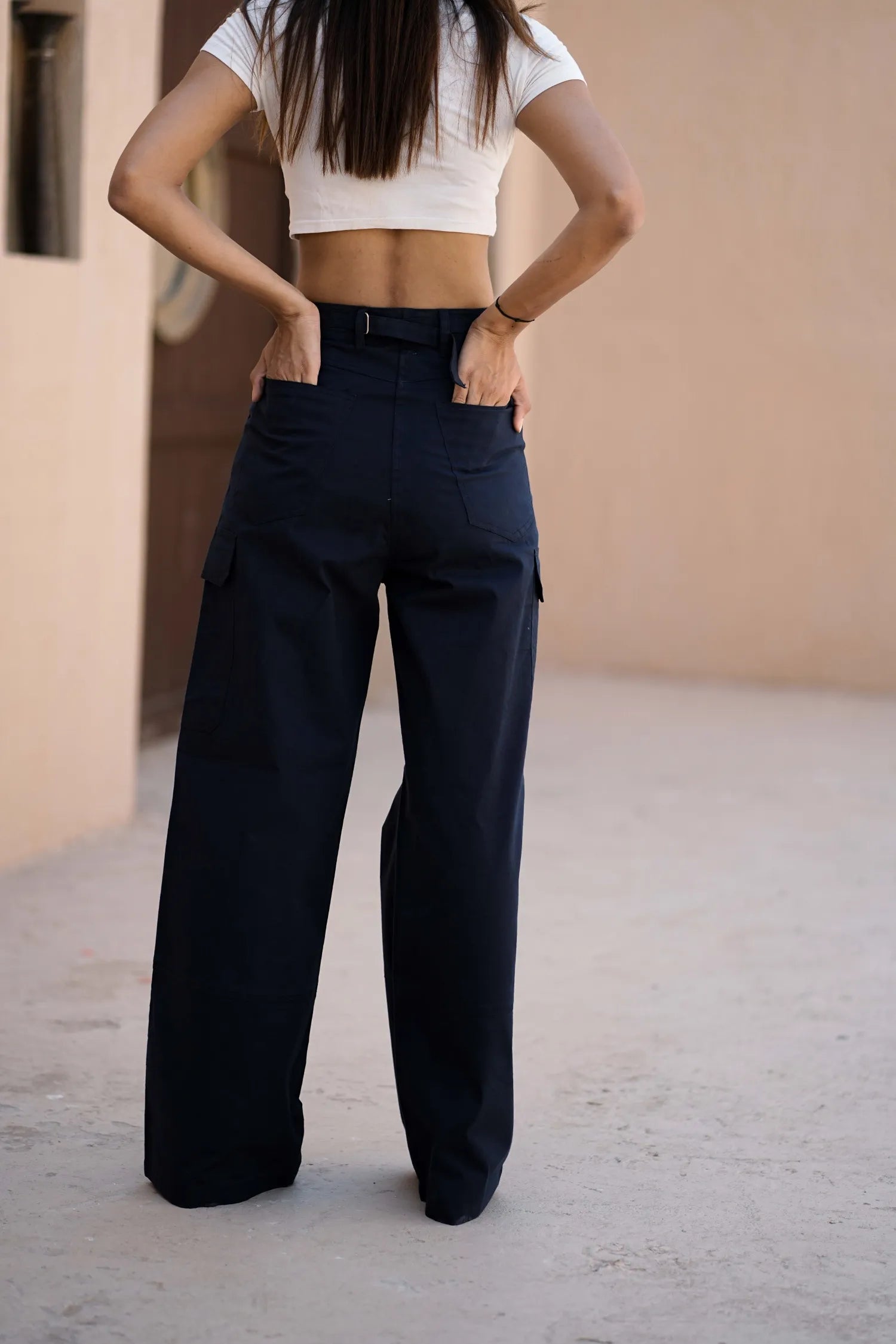 Women’s Wide-Leg Cargo Pants with Back Belt Navy