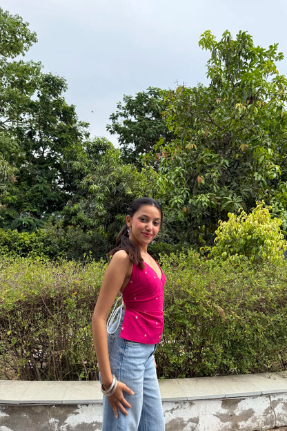 Hot Pink Buta Tie Back Top
