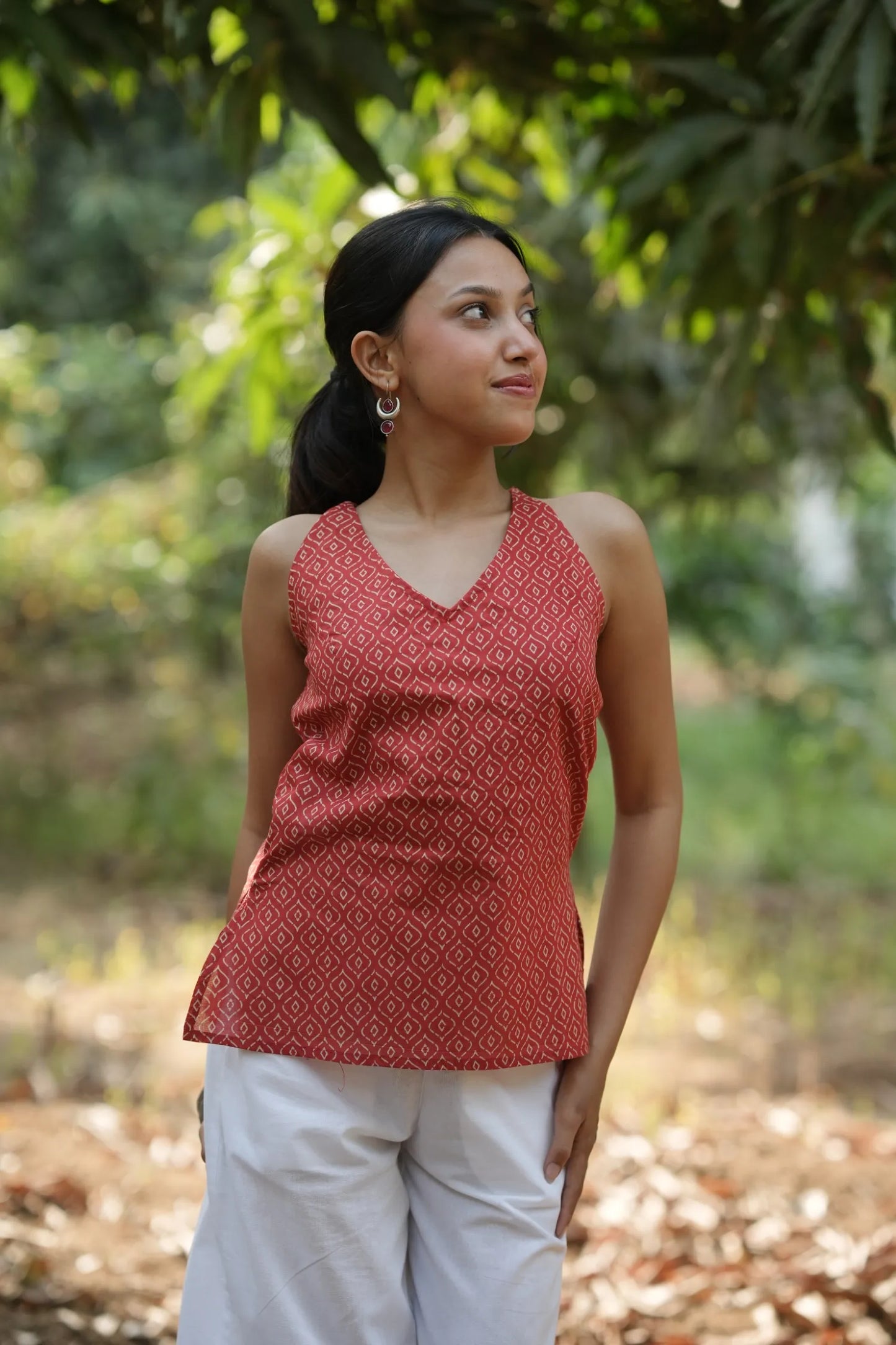 Red Motif Strap Top