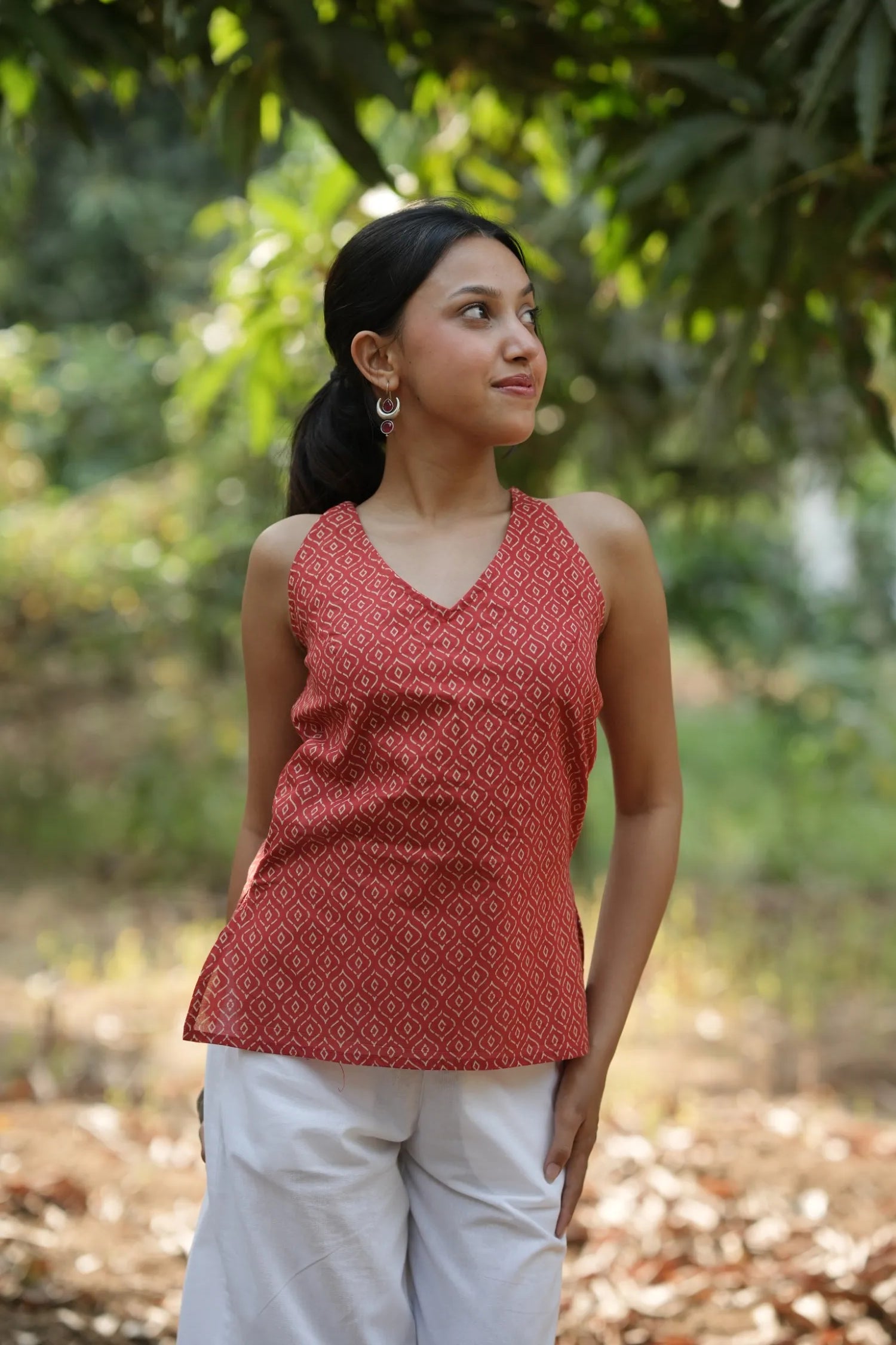 Red Motif Strap Top