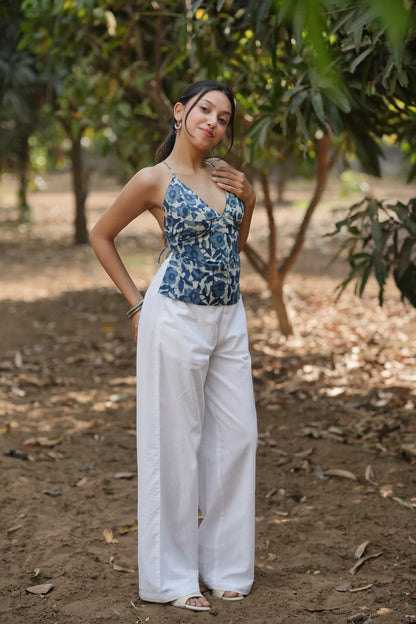 Indigo Floral Tie Back Top