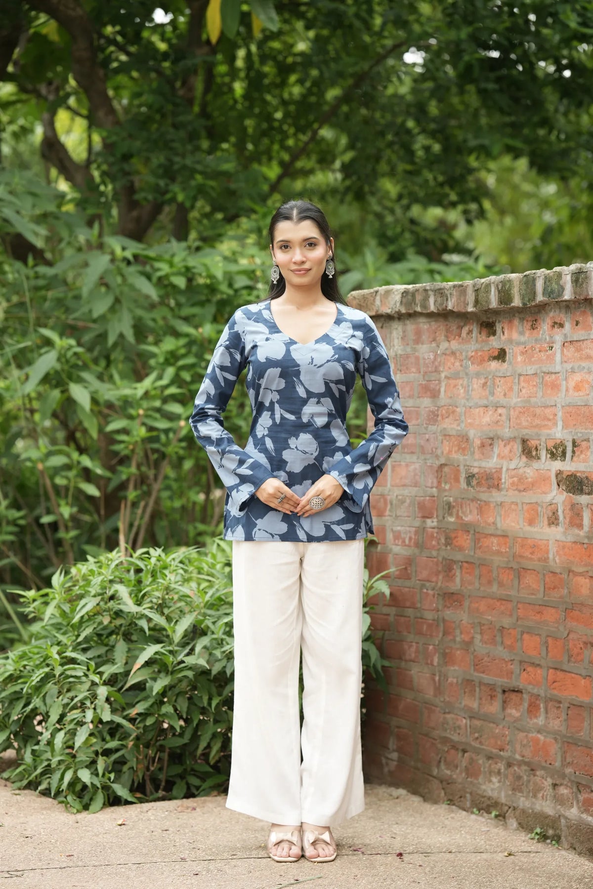 Blue Floral Print Bell Sleeve Kurti