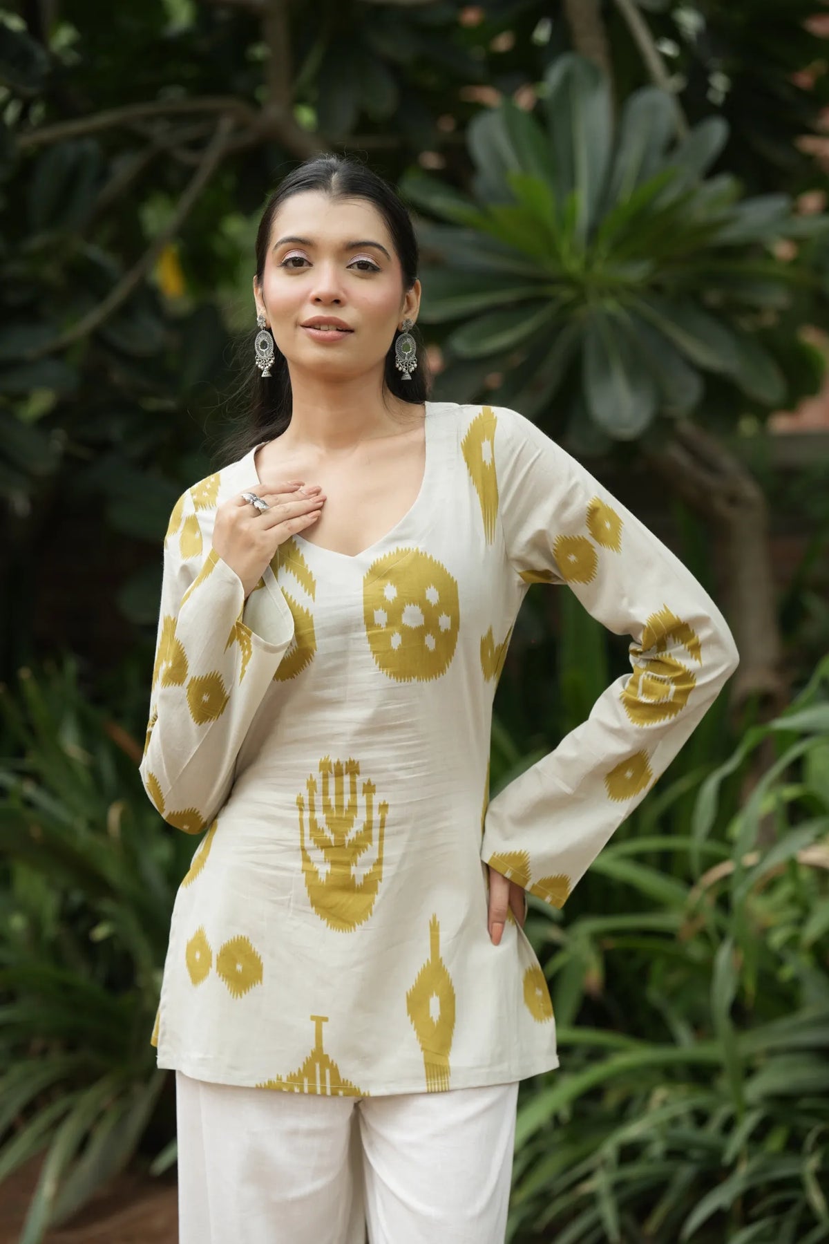 Cream Mustard Abstract Print Kurti