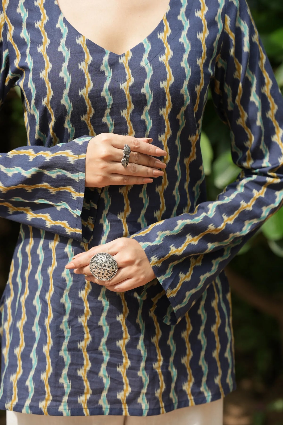 Navy Blue Wave Ikat Print Kurti