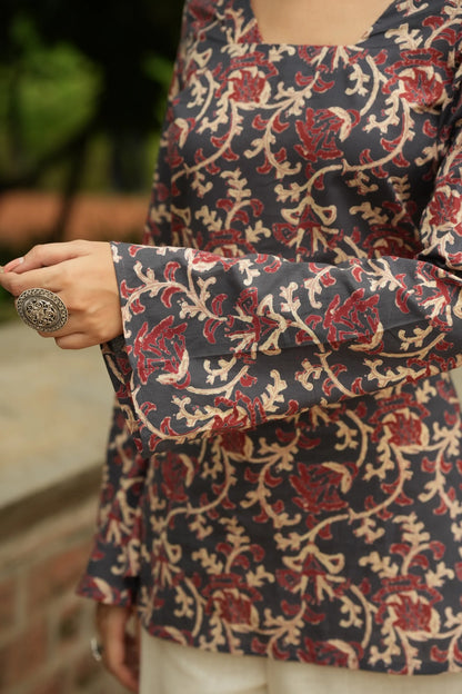 Navy Maroon Kalamkari Print Bell Sleeve Kurti