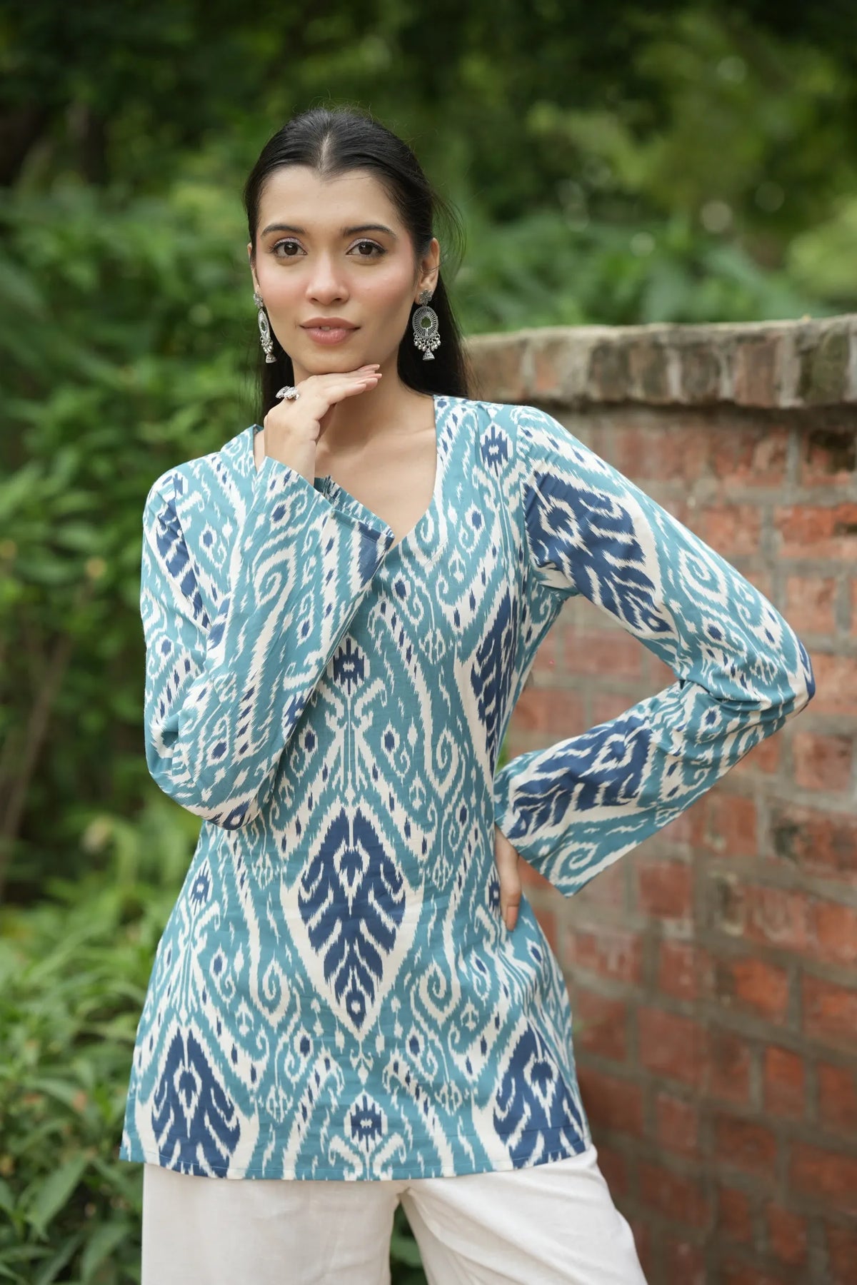 Sky Blue Navy Ikat Print Kurti