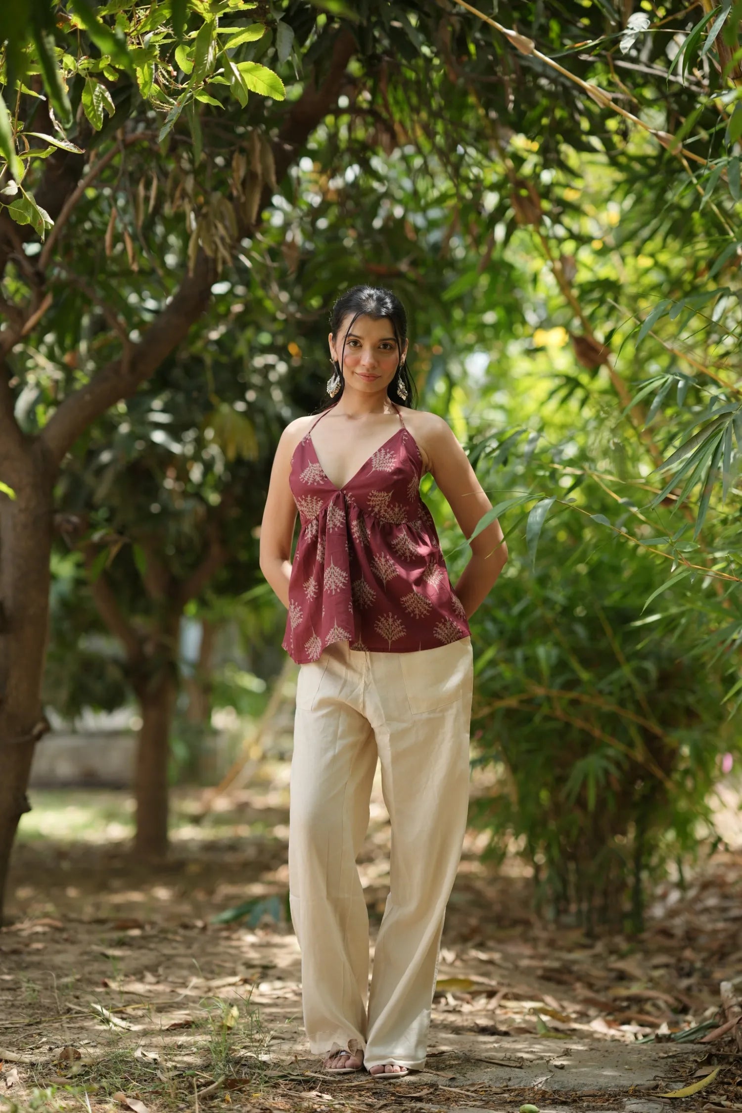 Wine Red Motif Halter Neck Top