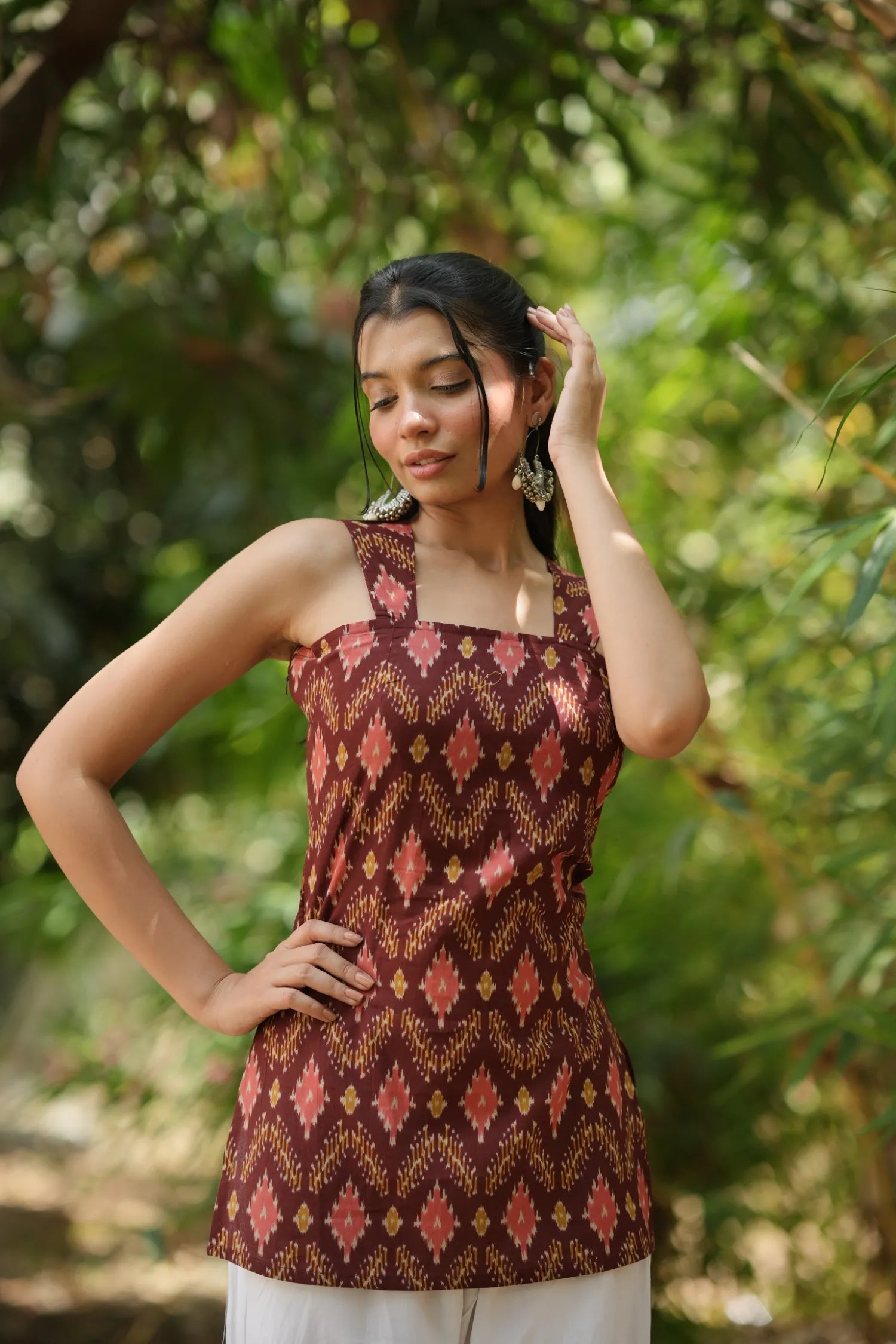 Rust Red Ikat Sleeveless Corset Kurti