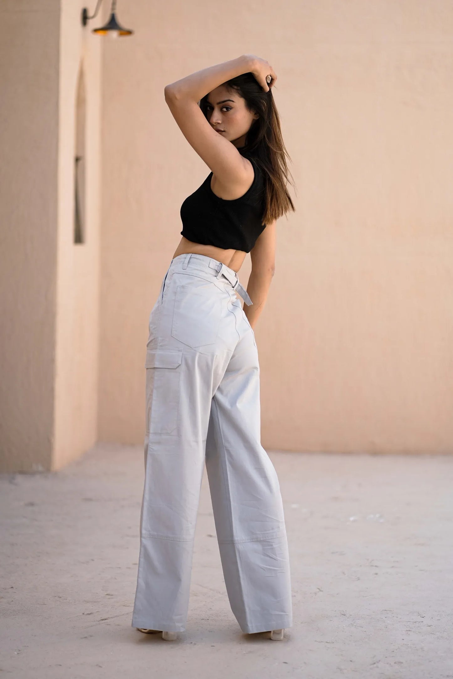 Women’s Wide-Leg Cargo Pants with Back Belt Ice Blue