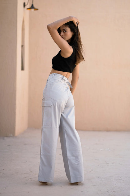 Women’s Wide-Leg Cargo Pants with Back Belt Ice Blue