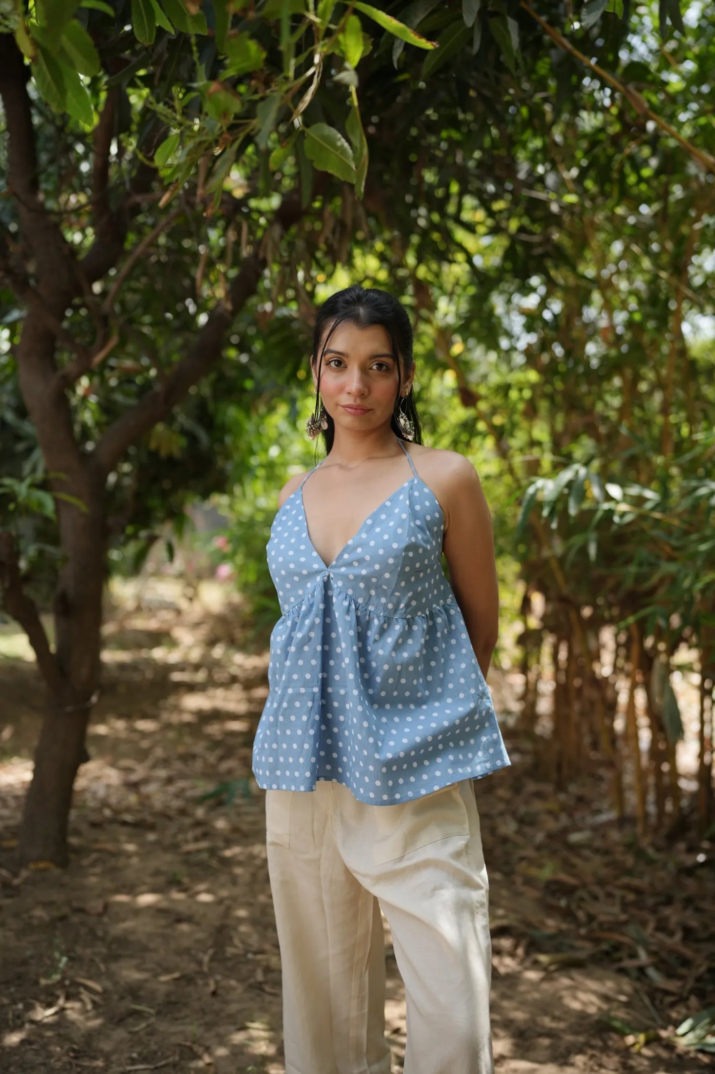 Sky Blue Polka Dot Halter Neck Top