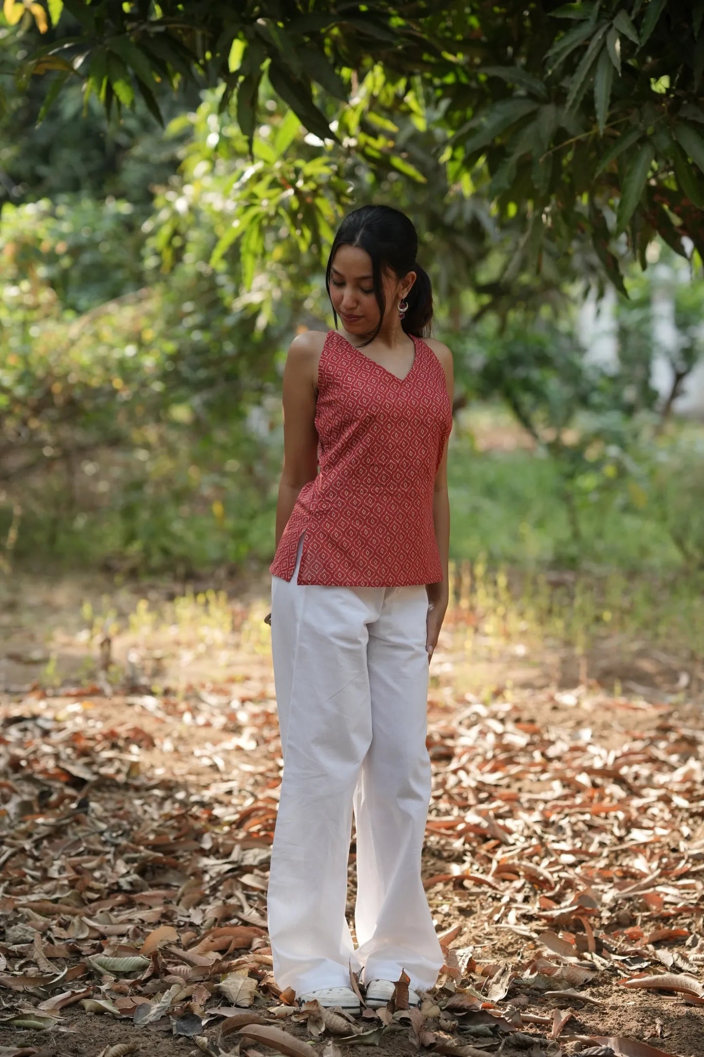 Red Motif Strap Top