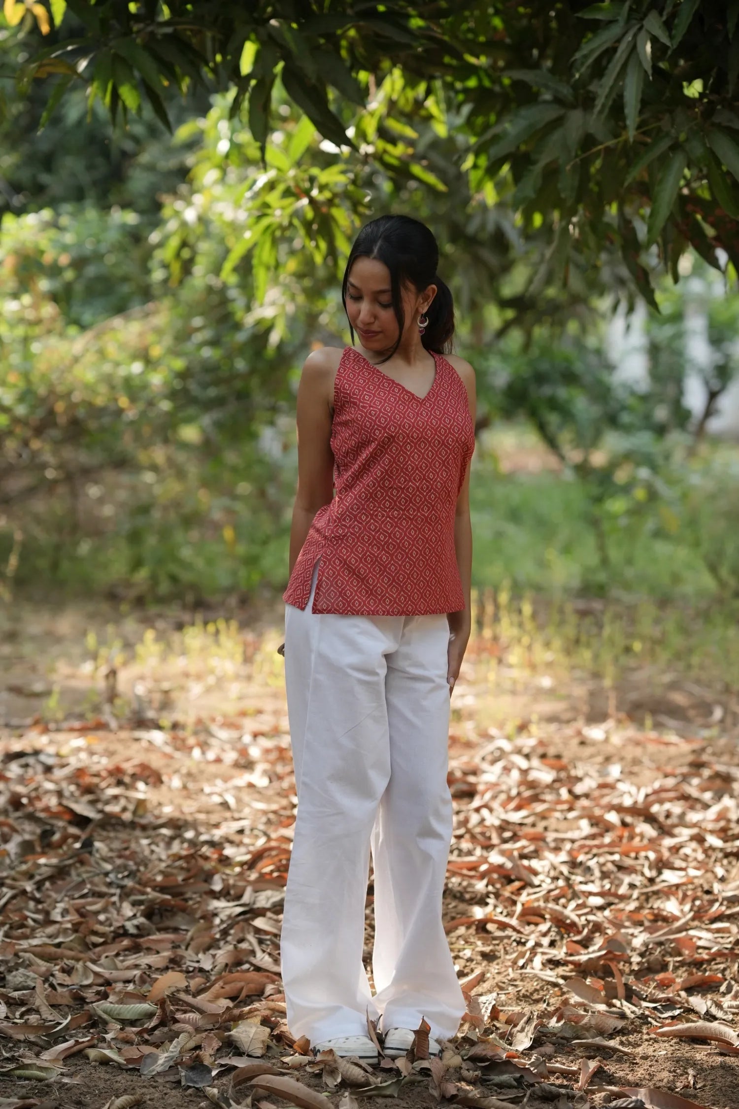 Red Motif Strap Top