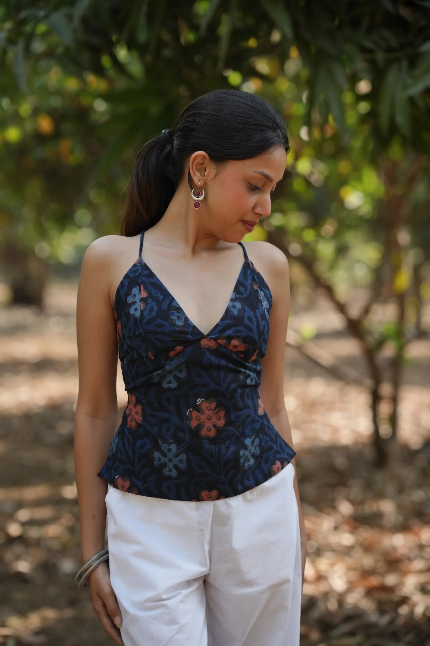 Navy Floral Tie Back Top
