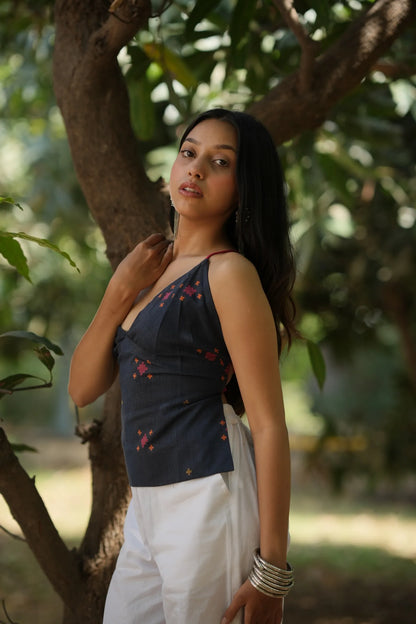 Navy Ikat Tie Back Top