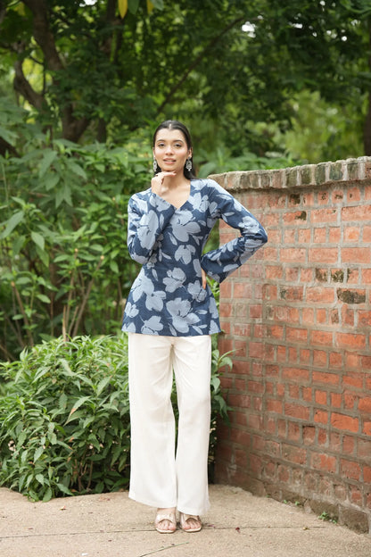 Blue Floral Print Bell Sleeve Kurti