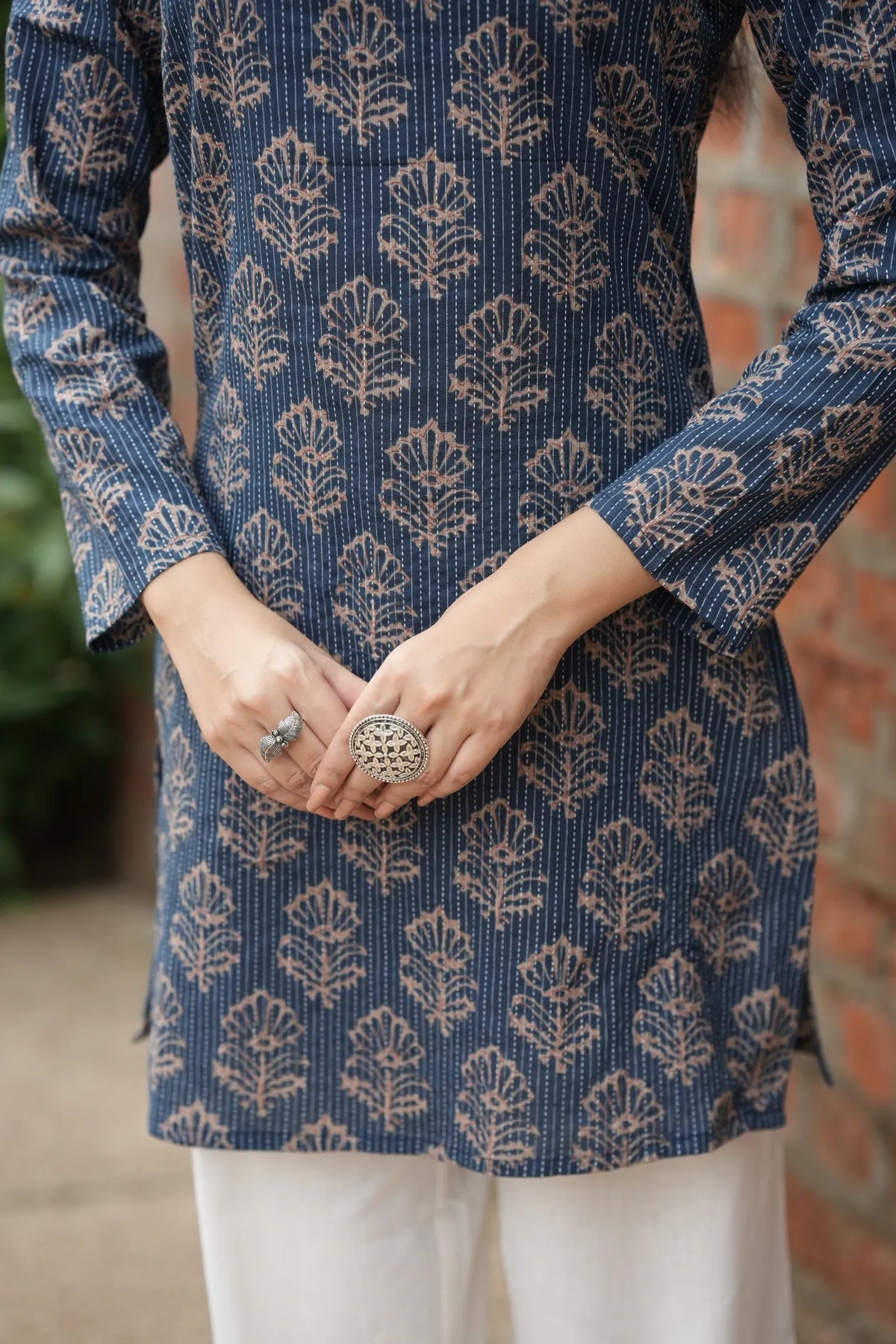 Navy Blue Buta Print Full Sleeve Kurti