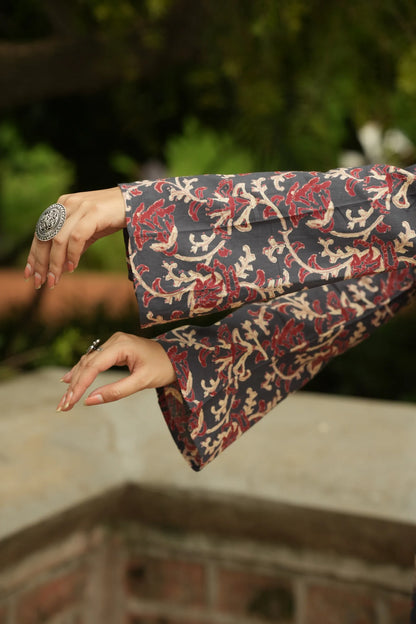 Navy Maroon Kalamkari Print Bell Sleeve Kurti