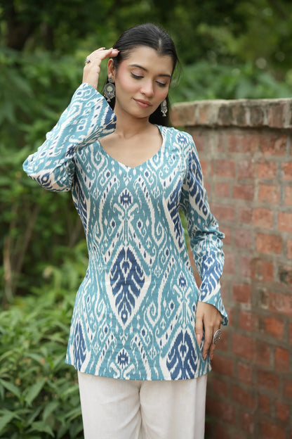 Sky Blue Navy Ikat Print Kurti
