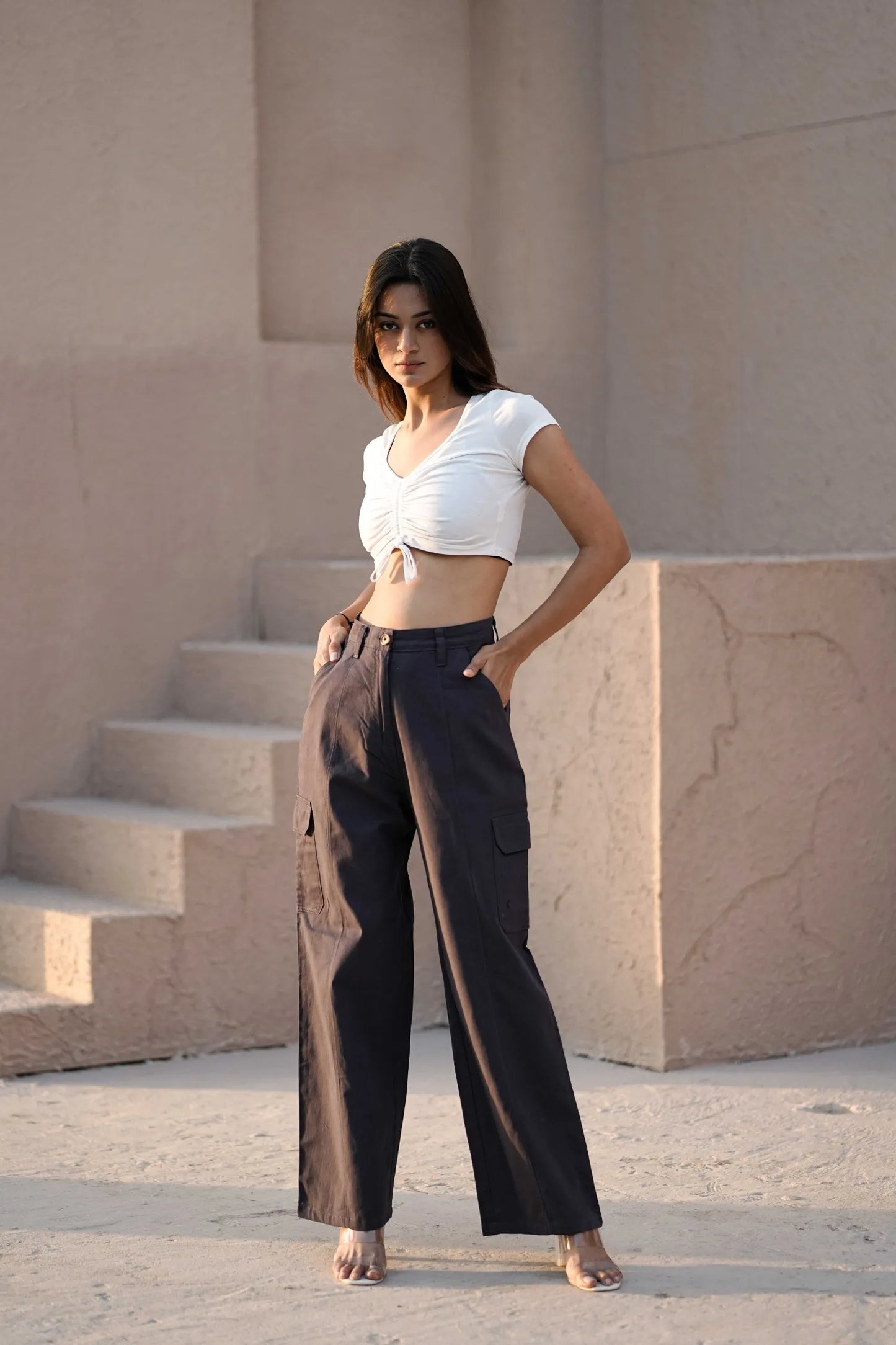 Women’s High-Waist Straight Fit Utility Cargo Pants Navy Blue