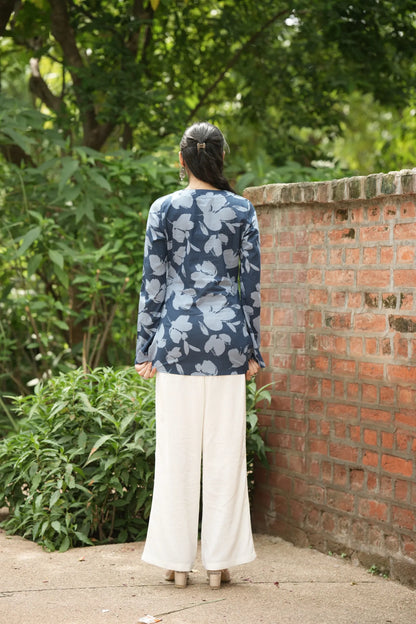 Blue Floral Print Bell Sleeve Kurti