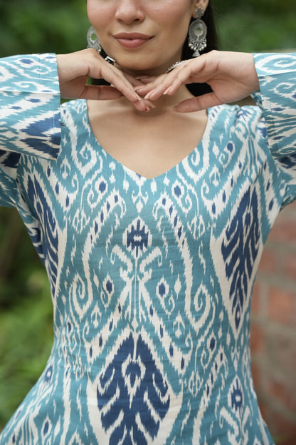 Sky Blue Navy Ikat Print Kurti