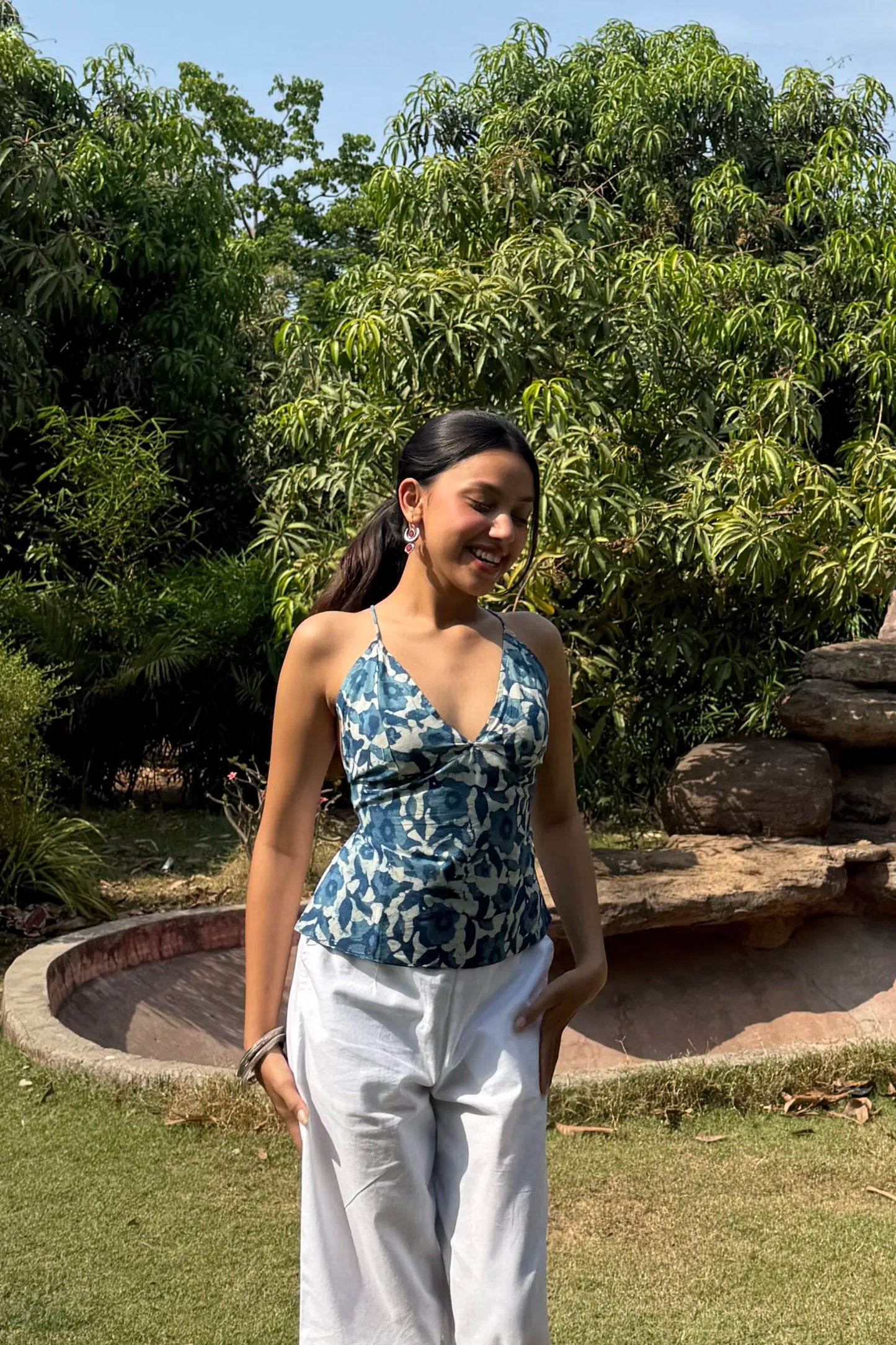 Indigo Floral Tie Back Top