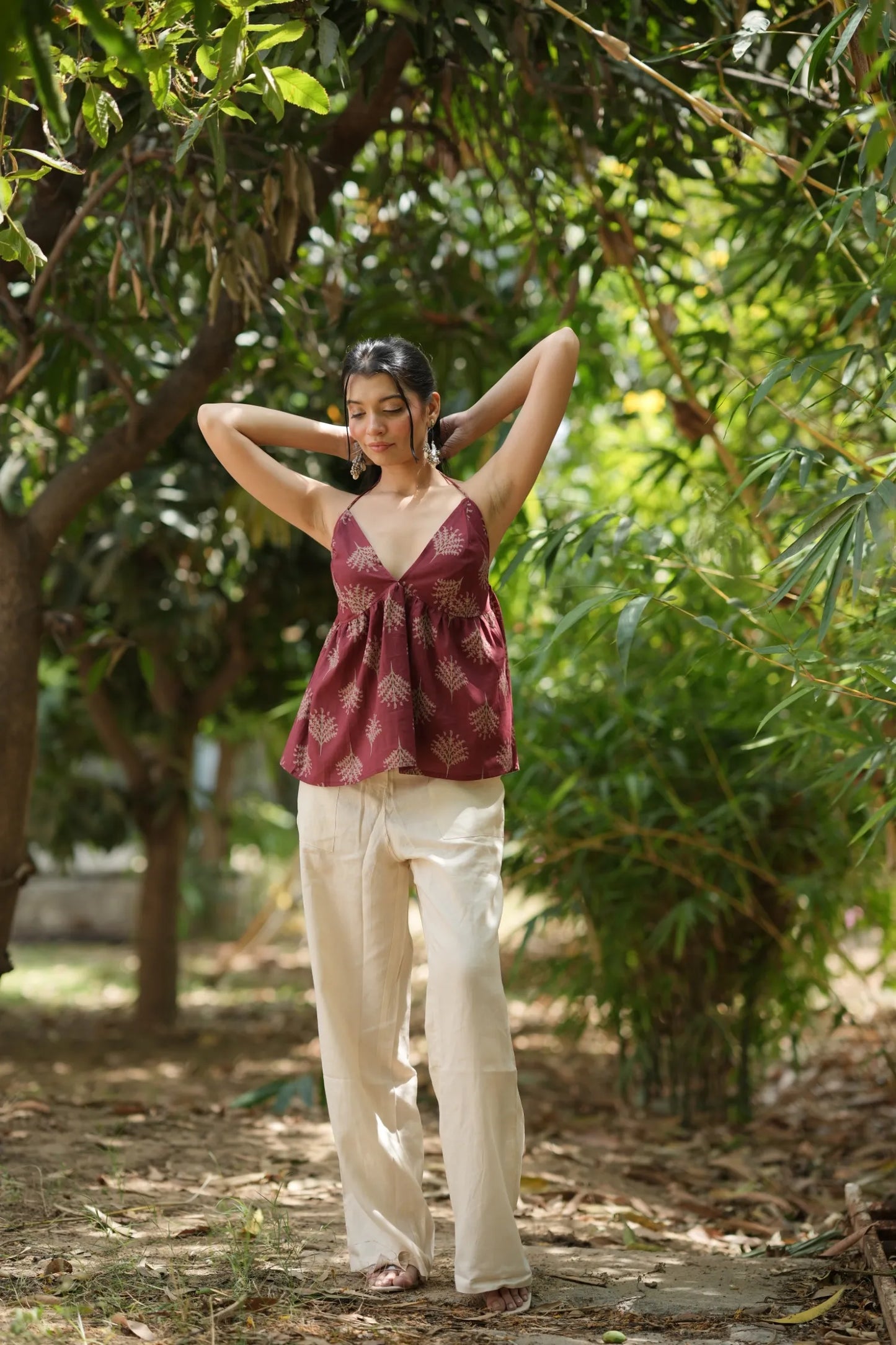 Wine Red Motif Halter Neck Top