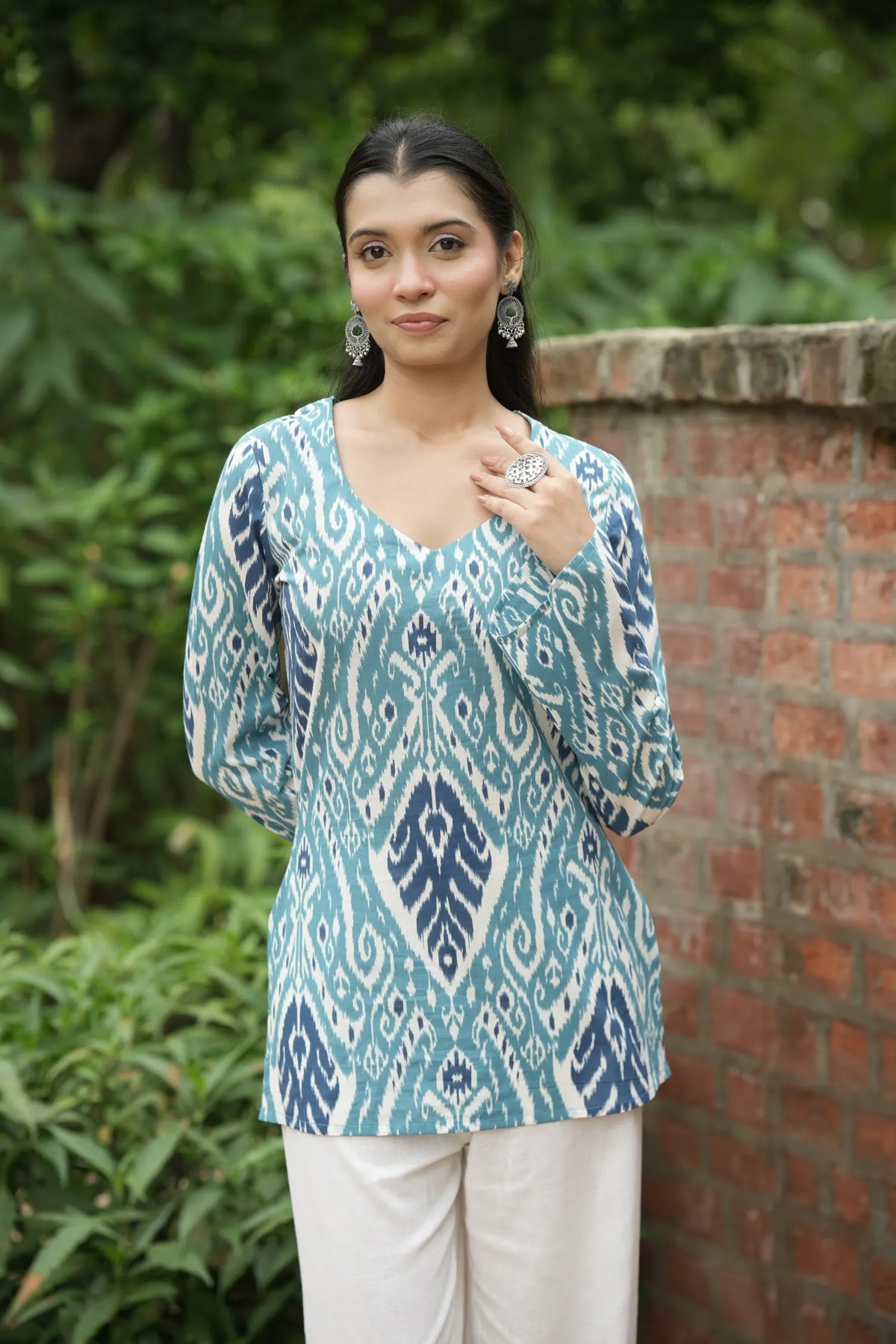 Sky Blue Navy Ikat Print Kurti