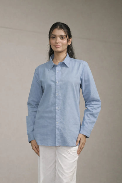 Women’s Light Blue Cotton-Linen Shirt