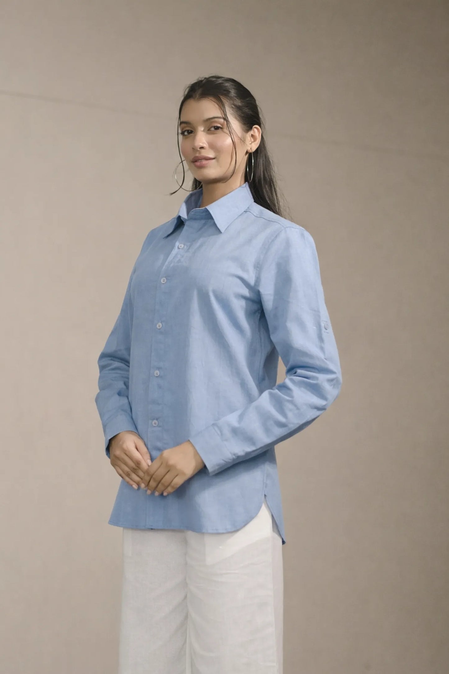 Women’s Light Blue Cotton-Linen Shirt