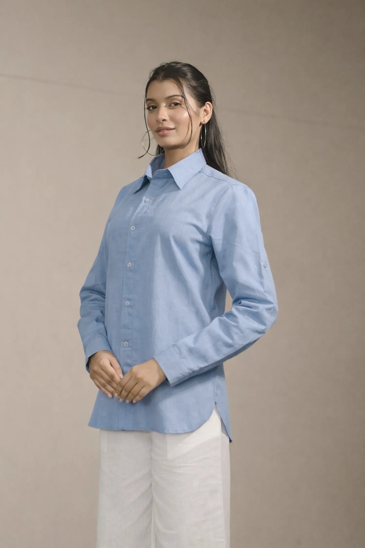 Women’s Light Blue Cotton-Linen Shirt