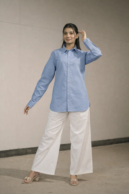 Women’s Light Blue Cotton-Linen Shirt