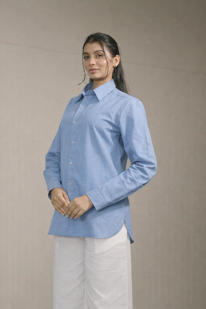 Women’s Light Blue Cotton-Linen Shirt