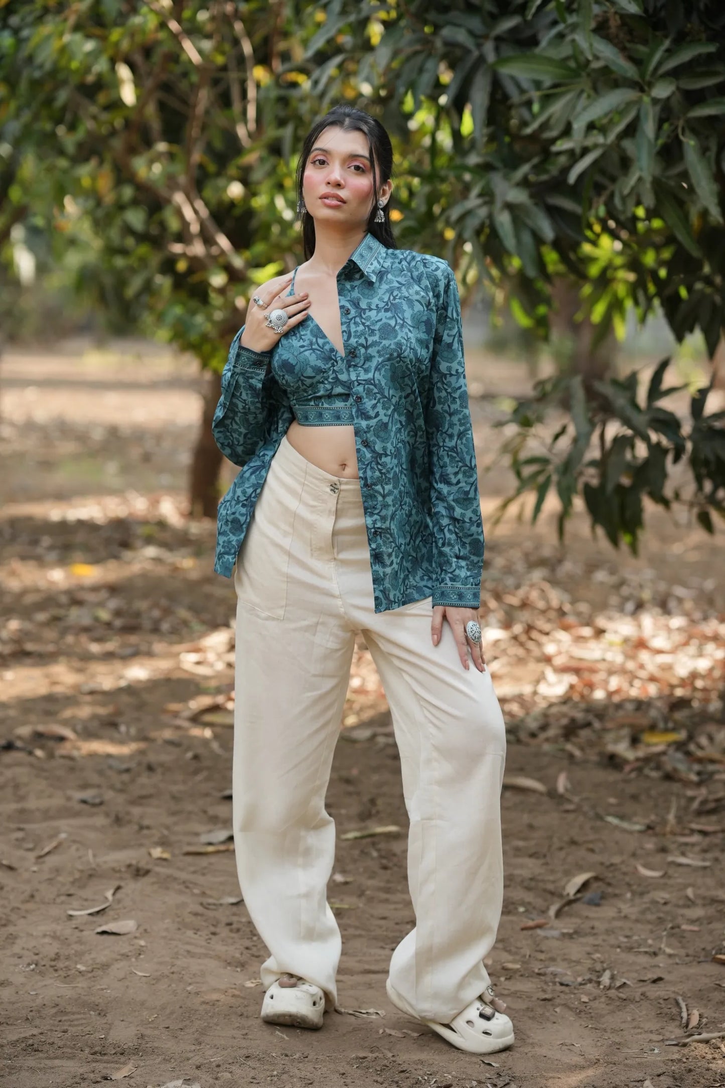 Teal Floral Cotton Shirt